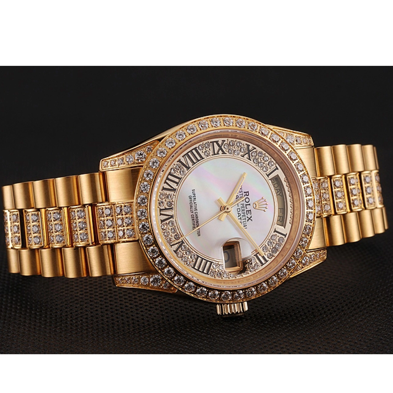 Aaa replica watch Dial Diamond Pave 1453958 Rolex Diamond Gold White Swiss Day-Date Bracelet 0527